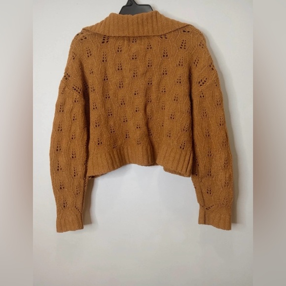 Pink Rose Camel Brown Open Knit Collared Cropped Sweater - Size M - Picture 2 of 10